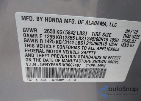 2019 Honda Pilot Ex-L из США, поврежденный, VIN 5FNYF6H51KB007497